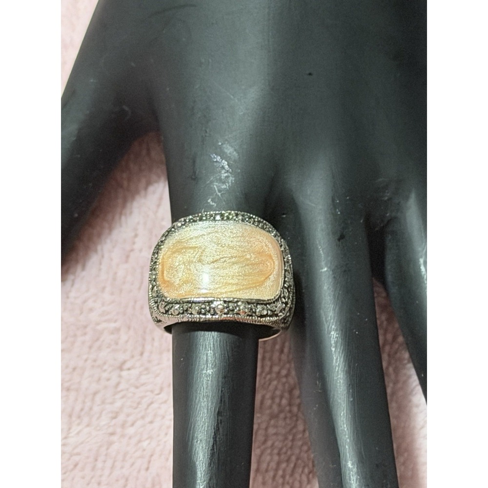 Ring Sterling Silver 925 Shimmery Creamy Enamel /Marcasite Decor Size 6 Fits 6.5